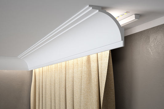 MD105H Mardom Decor - listwa karniszowa 300 cm zamontowana pod sufitem, maskuje szynę firanową, z taśmą LED