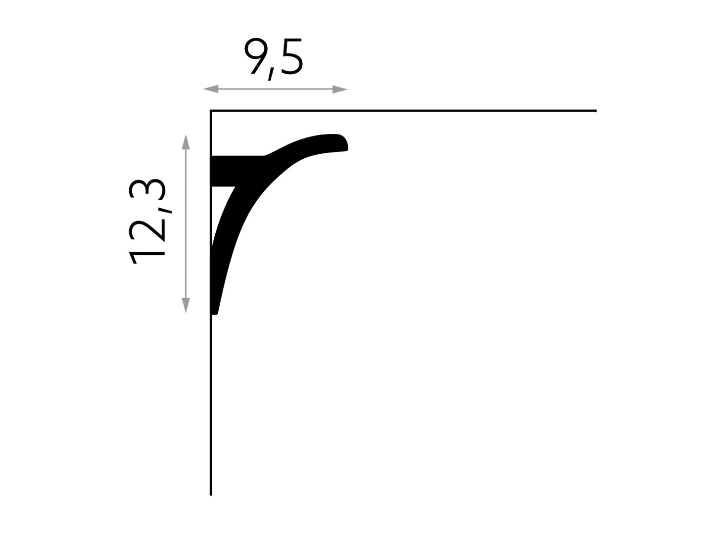 QL011 Mardom Decor listwa sufitowa – rysunek techniczny: wysokość 12,3 cm, głębokość 9,5 cm (producent Mardom Decor)