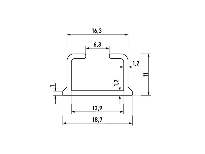 CH-ŁU Creativa – rysunek techniczny przekroju szyny CH (18,7 × 11 mm)