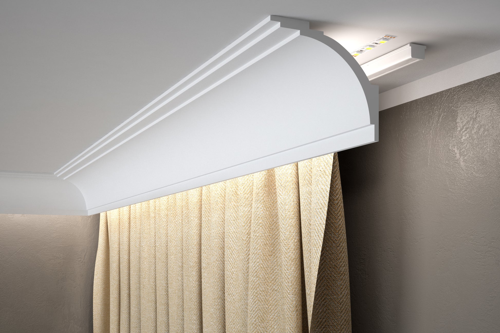 MD105H Mardom Decor - listwa karniszowa 300 cm zamontowana pod sufitem, maskuje szynę firanową, z taśmą LED