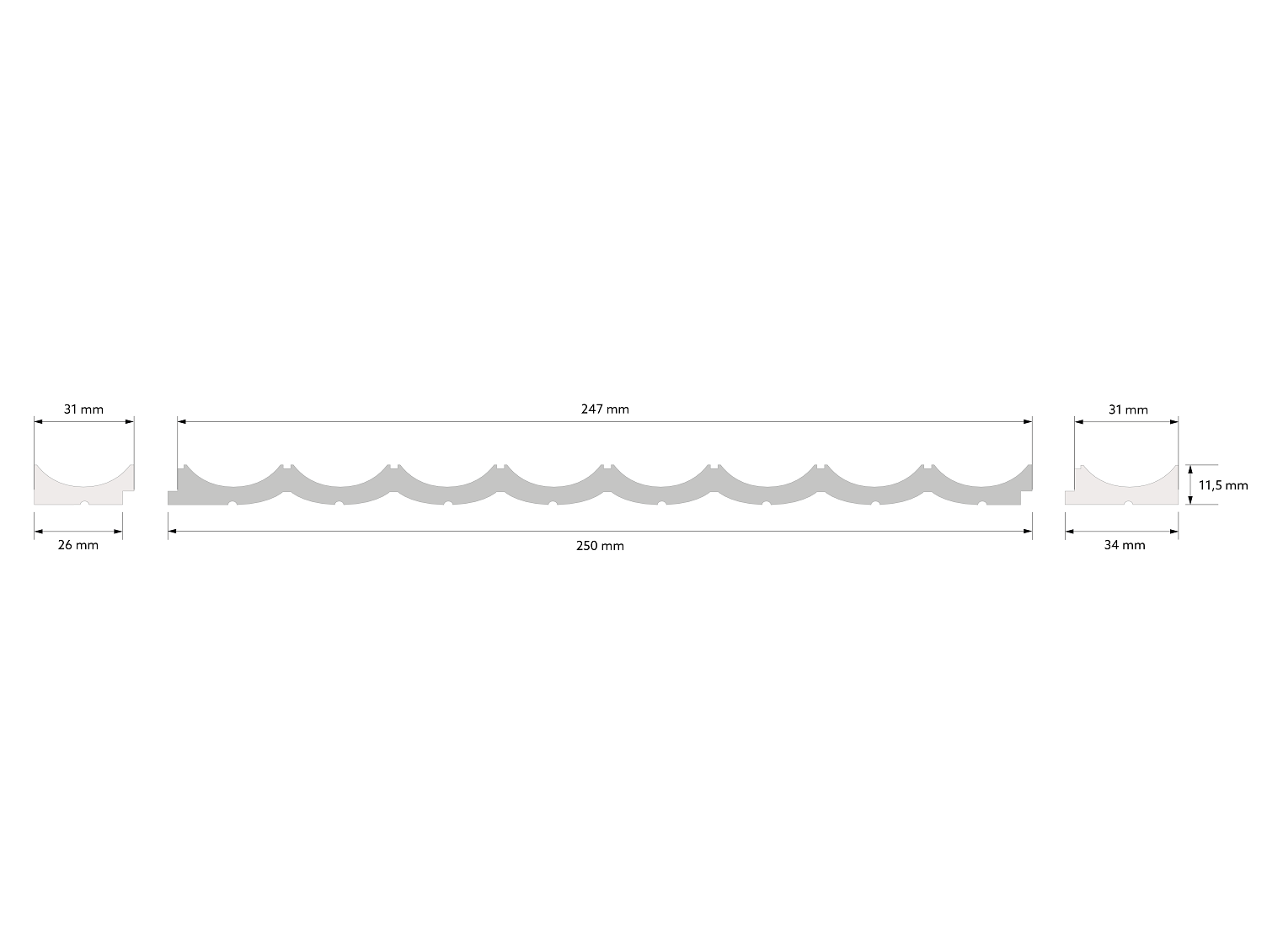 Mardom Decor Panele ścienne LUMIO - przekrój techniczny: wymiar pojedynczych elementów (panel, zakończenie lewe, zakończenie prawe)
