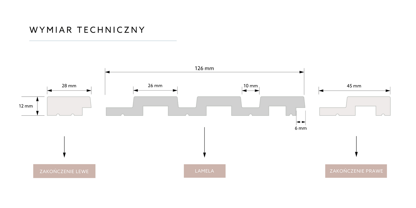 Mardom Decor Lamelli Medio - przekrój techniczny: lamela 126 mm, zakończenie lewe 28 mm, zakończenie prawe 45 mm
