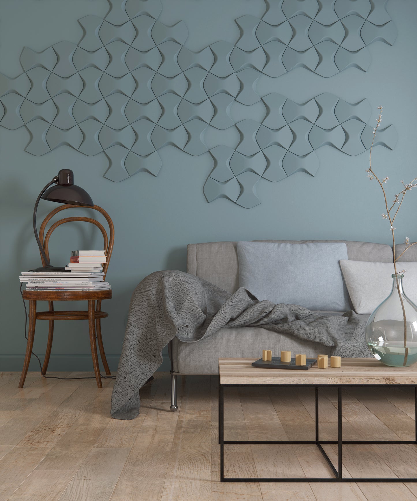 WING 3015486 NMC ARSTYL – elementy 3D na miętowej ścianie w salonie (zdjęcie producenta)