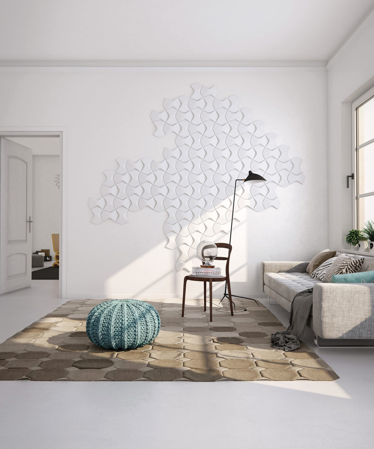 WING 3015486 NMC ARSTYL – białe elementy 3D na ścianie w jasnym salonie (zdjęcie producenta)